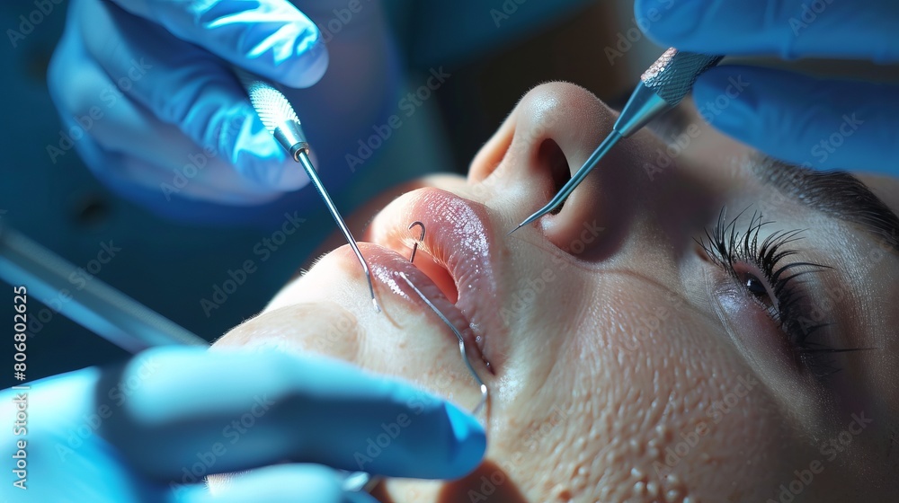 Rhinoplasty surgical procedure in progress, detailed view of patient and surgical tools Rhinoplasty surgical procedure in progress, detailed view of patient and surgical tools