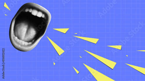 Punk collage. Halftone-style mouth open in a scream. Triangles fly out of it like an abstract sound. Bright blue checkered background with yellow lines. Grunge y2k vector banner.