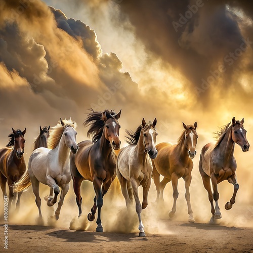 Horse herd run in desert sand storm against sky