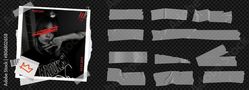 Transparent duct tape for photo collage. Bright scotch tape for the frame. Collage frame with girl's photo, barcode, paper clip and stickers and torn paper. Vector elements.