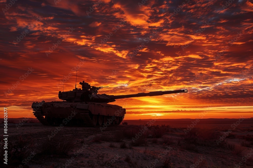 A lone M1 Abrams silhouetted against a fiery desert sunrise, panoramic view
