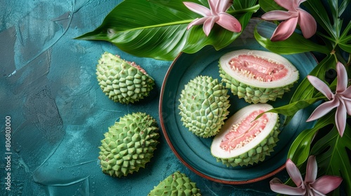   A blue plate holds a halved dragon fruit Nearby  pink flowers and green leaves form a bouquet