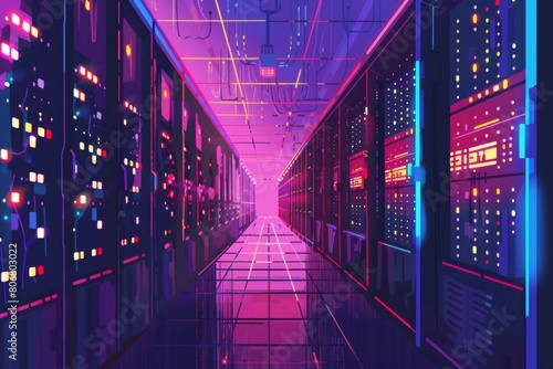 A dimly lit data center, endless rows of server racks stretching into the darkness, illuminated by status LEDs