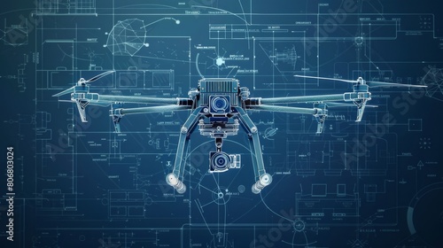 A blueprint illustration of a combat drone, its components overlaid with philosophical text on warfare