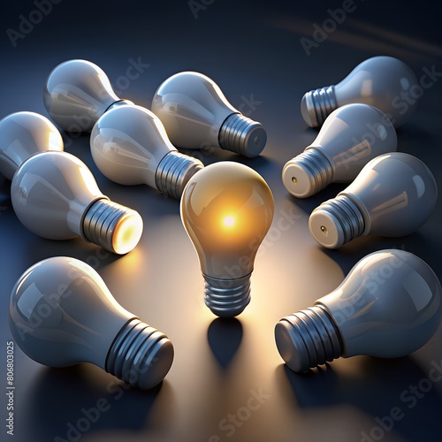 One of Lightbulb glowing among shutdown light bulb in dark area with copy space for creative thinking , problem solving solution and outstanding concept by 3d rendering technique