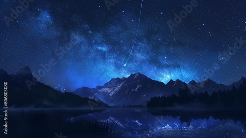 A meteor shower streaking across a starry night sky above a silhouetted mountain range