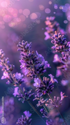 A mesmerizing image of lavender flowers against a background with dreamy bokeh lights creating a magical atmosphere