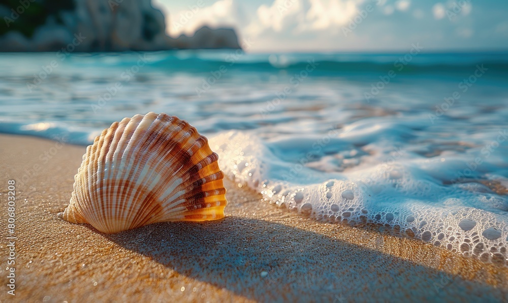 A beautiful seashell sits on the beach as the tide comes in. A beautiful seashell sits on the beach as the tide comes in.