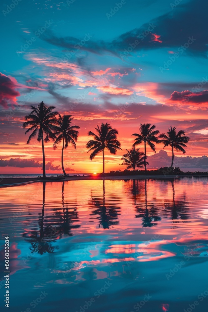 A panorama of a tropical island at sunset, capturing fiery colors painting the sky, palm trees silhouetted against the horizon A panorama of a tropical island at sunset, capturing fiery colors painting the sky, palm trees silhouetted against the horizon