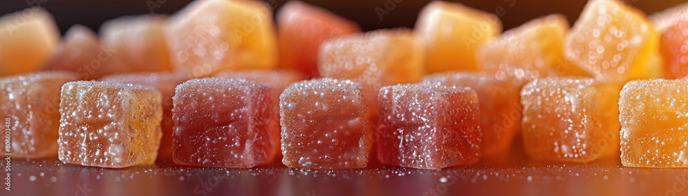 Macro shot of a pile of translucent red and orange gummy cubes with sugar crystals.