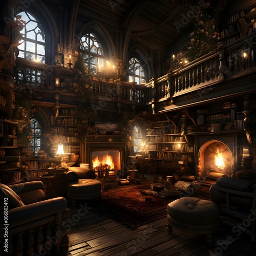 3D rendering of the interior of an old house with a fireplace