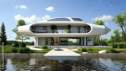 A futuristic house that overlooks the ocean.