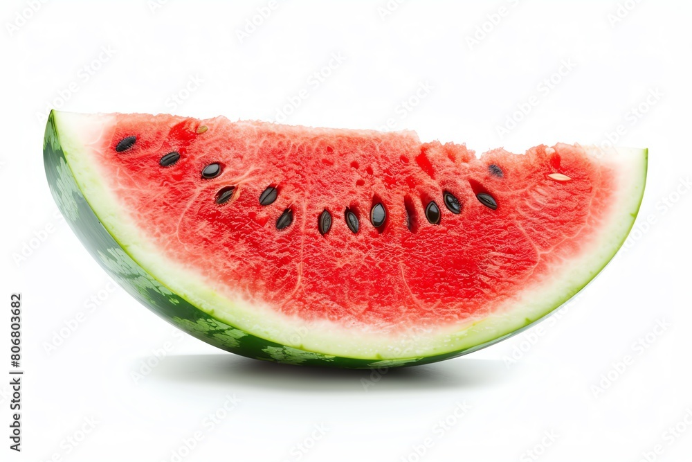A slice of watermelon on a white background. The watermelon is ripe and juicy, with a sweet, refreshing flavor. A slice of watermelon on a white background. The watermelon is ripe and juicy, with a sweet, refreshing flavor.