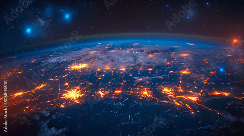 Earth at Night World Map, Earth Day Concept, Planet earth from space with visible city lights with glowing particles and bokeh 
