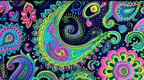 A psychedelic paisley print in bold neon hues of hot pink electric blue and lime green featuring swirling paisley motifs and psychedelic patterns that capture the spirit of 1960s counterculture