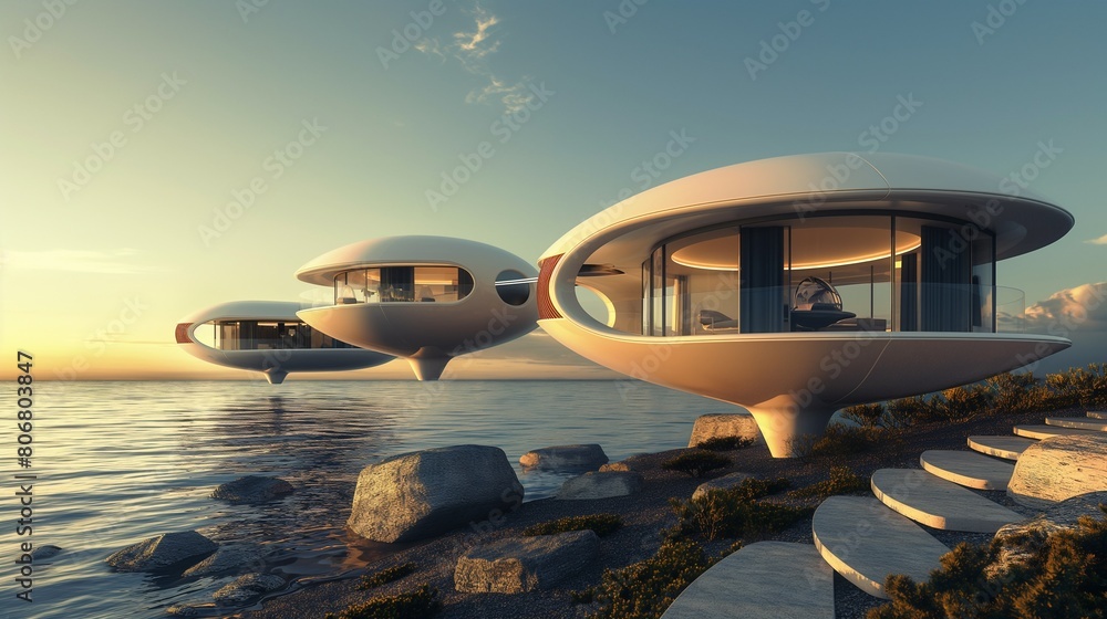 A Futuristic House Floating On Water. A Futuristic House Floating On Water.