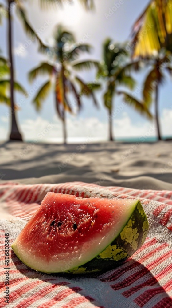 A sliced watermelon wedge on a beach towel, glistening with juice, palm trees casting shadows in the background A sliced watermelon wedge on a beach towel, glistening with juice, palm trees casting shadows in the background