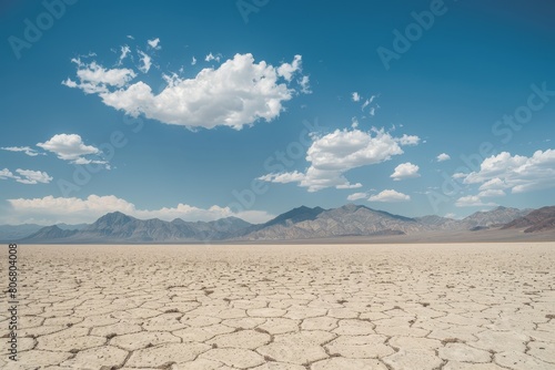 A vast, cracked salt flat reflecting the endless blue sky, distant mountains shimmering in a mirage photo