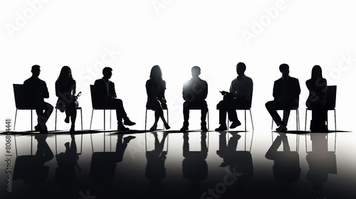 Diverse Business Professionals Engaged in Conference Discussion, Silhouette Medium Group of Men and Women Seated Indoors
