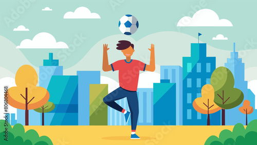 In a bustling city park a young man balances a soccer ball on his head while effortlessly juggling it back and forth between his feet.. Vector illustration