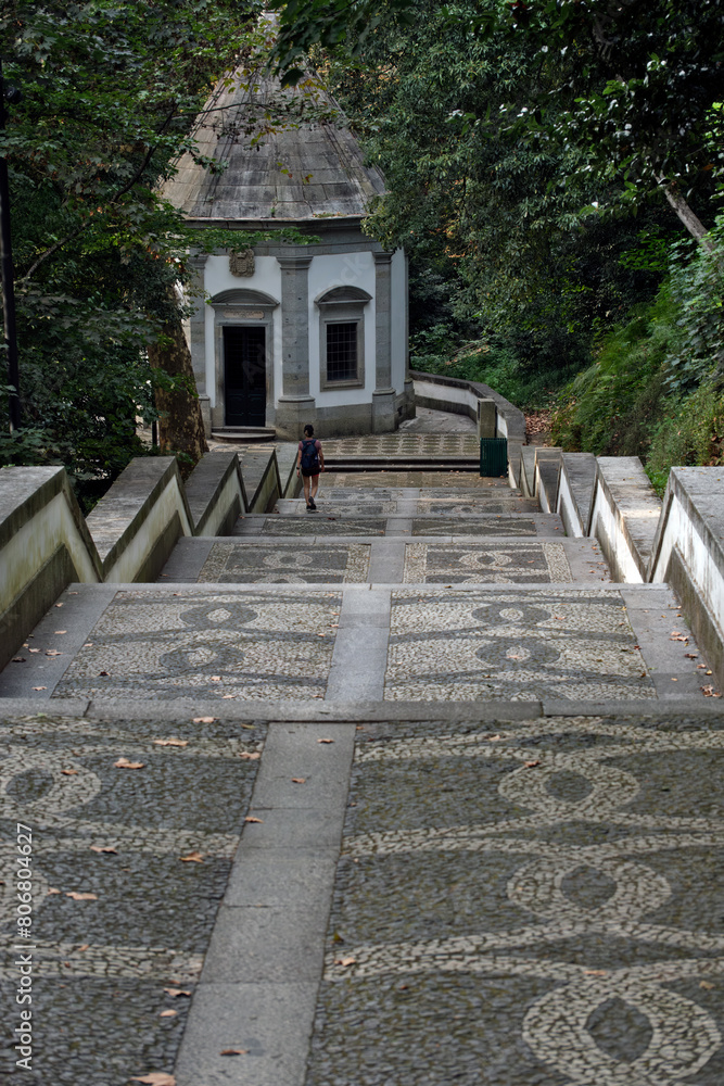 Traditional Portuguese style pavement called Calçada in the stairs of the Bom Jesus do Monte sanctuary near Braga, Portugal
