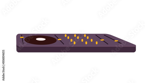 Disc jockey mixer. DJ console, electronic music panel for techno party. Turntable with vinyl, controllers. Professional equipment for deejay. Flat isolated vector illustration on white background