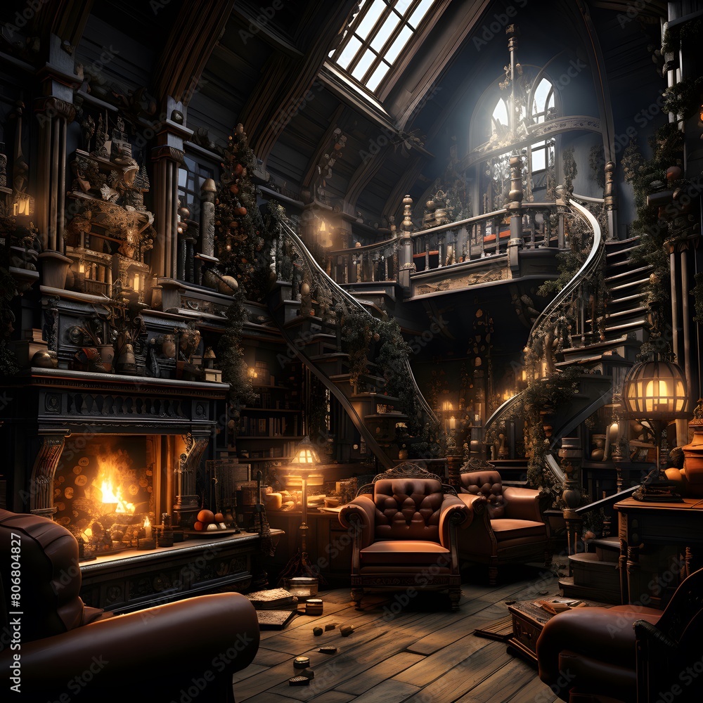 Interior of a dark room with a fireplace and a staircase.