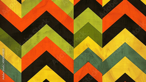 A retro-inspired chevron print in bold and funky 70s colors with groovy shades of orange mustard yellow and avocado green evoking the vibrant spirit of the disco era and adding a nostalgic