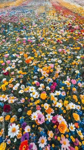 Aerial view of a vast field carpeted with colorful wildflowers, resembling a vibrant patchwork quilt