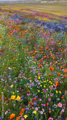 Aerial view of a vast field carpeted with colorful wildflowers, resembling a vibrant patchwork quilt