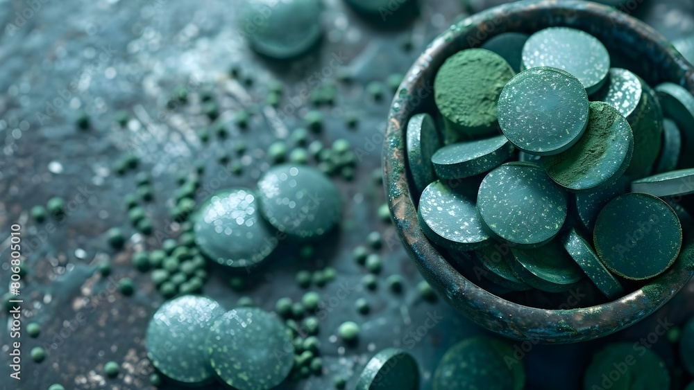 Extreme close-up of colorful raw spirulina algae showcasing its natural nutrition. Concept Food Photography, Raw Ingredients, Healthy Eating, Natural Nutrition, Close-up Shots Extreme close-up of colorful raw spirulina algae showcasing its natural nutrition. Concept Food Photography, Raw Ingredients, Healthy Eating, Natural Nutrition, Close-up Shots