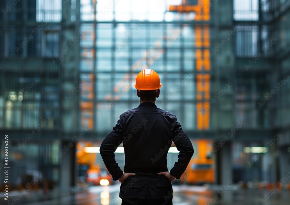 Construction Engineer in Orange Helmet Overlooking Building Site.