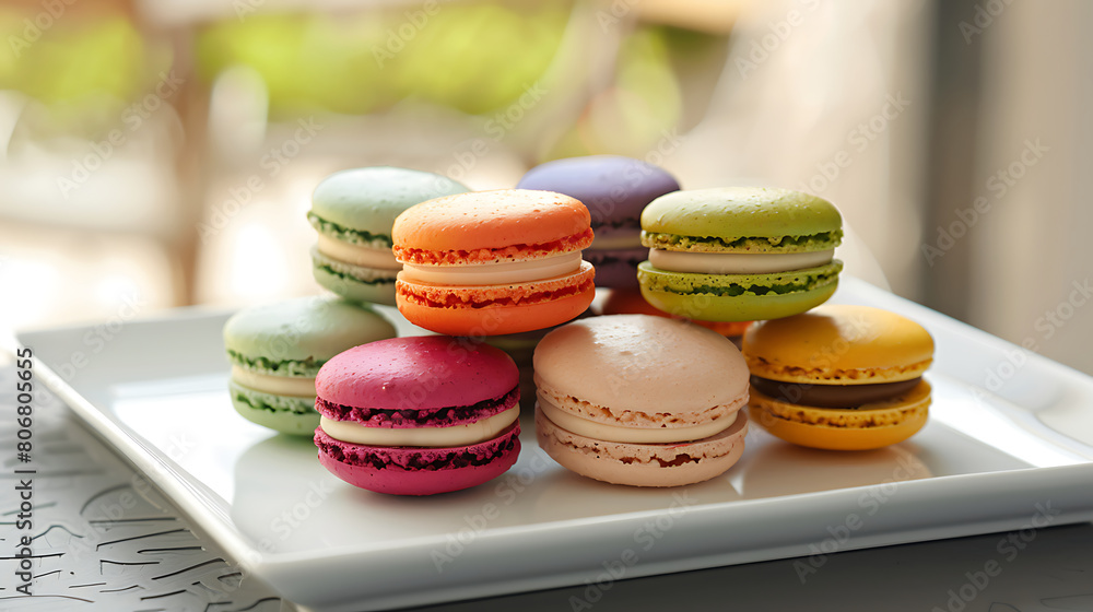 Fototapeta premium Colorful almond cookies, food photography of yammi dessert, vibrant colours