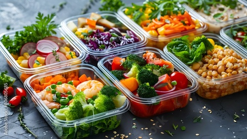 Fresh nutritious meal prep in portioncontrolled containers for healthy eating habits. Concept Meal prepping, Nutritious meals, Portion control, Healthy eating habits, Container organization photo