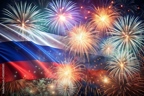 Russia. Moscow. The national flag of the Russian Federation on the background of fireworks. The Russian tricolor. Russia Day is celebrated on June 12.