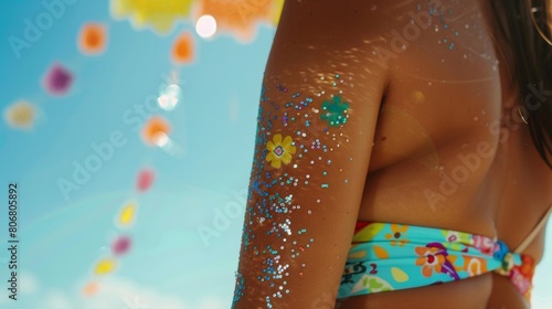 Close-up of a sunbathers arm with a playful temporary tattoo, beads of sweat glistening on their skin photo