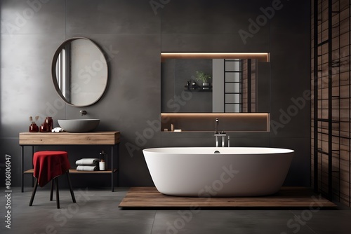 Interior of modern bathroom with black and gray walls wooden floor comfortable bathtub standing near wooden shelf with towels and candles Generative AI