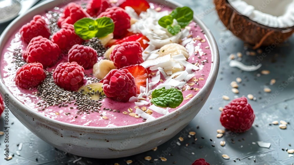 Energizing Smoothie Bowl with Yogurt, Chia Seeds, Fruits, and Coconut. Concept Smoothie bowls, Healthy breakfast, Nutritious toppings, Fresh fruit, Chia seed recipes Energizing Smoothie Bowl with Yogurt, Chia Seeds, Fruits, and Coconut. Concept Smoothie bowls, Healthy breakfast, Nutritious toppings, Fresh fruit, Chia seed recipes