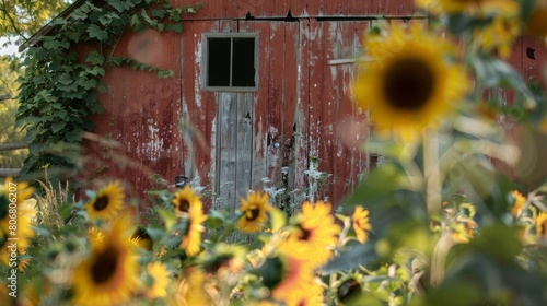 Close-up of a weathered barn door framed by vibrant sunflowers, capturing the rustic charm of a summer landscape