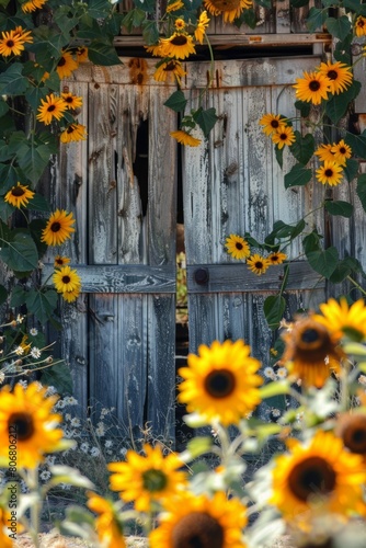 Close-up of a weathered barn door framed by vibrant sunflowers, capturing the rustic charm of a summer landscape