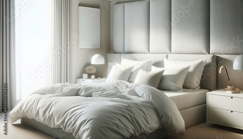 a contemporary and inviting bedroom neatly made bed with plush, white pillows and a white duvet