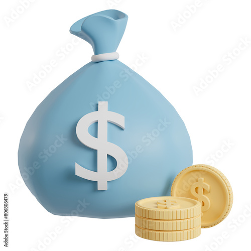 Pouch Money bag and coins on white background. Investment concept. 3d illustration.