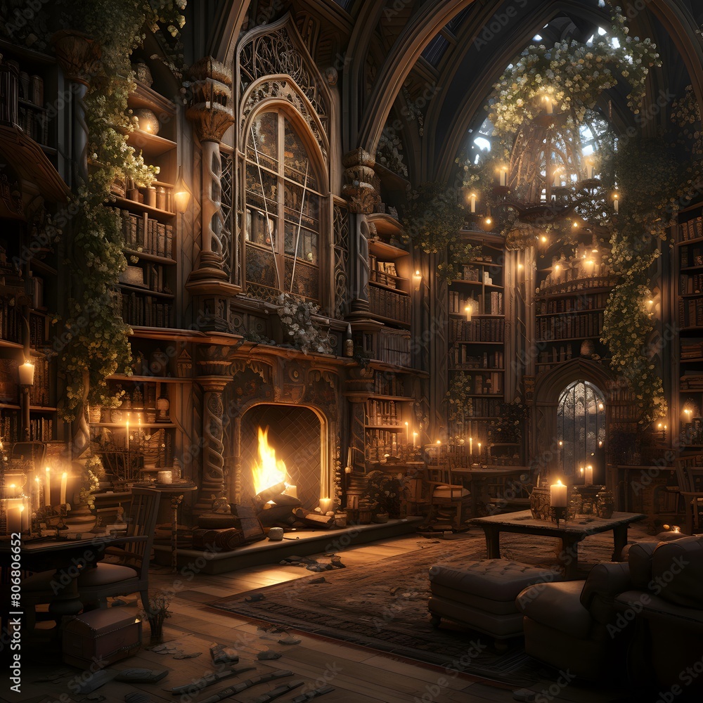 Interior of a classic library in the evening. 3D rendering