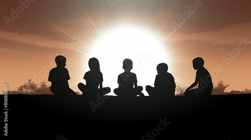 Cheerful Medium Group of Children Silhouette Seated in Park at Dusk, Enjoying Joyful Moments of Friendship and Leisure Activities Outdoors © Spear