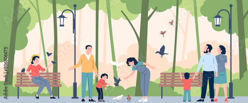 Feed birds in park. People walking and feeding pigeons and sparrows. Flat family, adults rescue city bird. Flat children walk with parents, recent vector scene