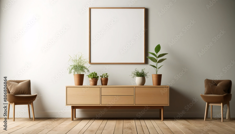 Empty wooden picture frame in modern living room Empty wooden picture frame in modern living room