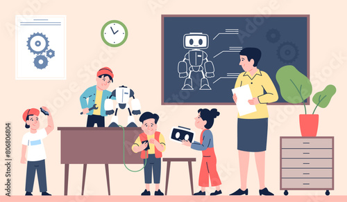 Children robotics project. Cute flat kids with teacher making robot or android. Course of programming cyborgs, smart technologies recent vector scene