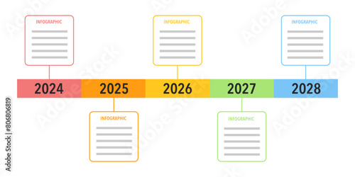 Timeline infographic template with 5 step, process, option year 2024, 2025, 2026, 2027, 2028 planner flowchart workflow.