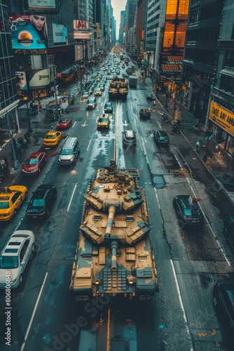 Drones-eye view of an M1 Abrams tank navigating a gridlocked city street, surrounded by stalled traffic