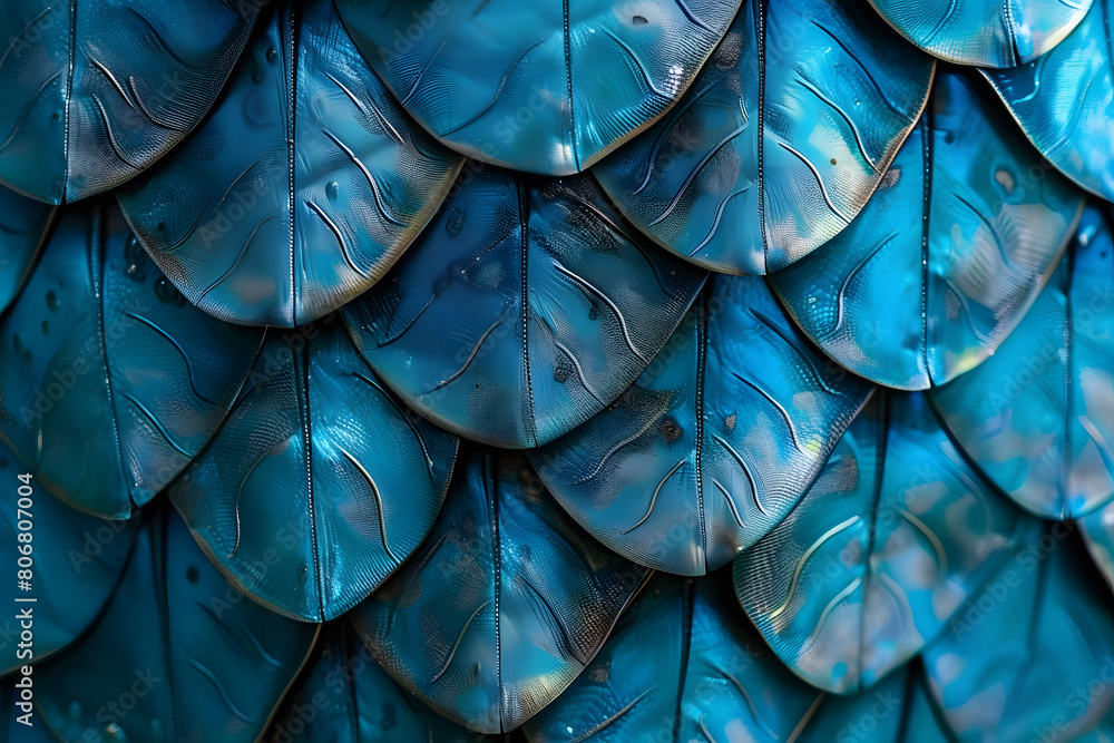 Close-up of overlapping blue fish scales with a metallic sheen and intricate patterns. AI Close-up of overlapping blue fish scales with a metallic sheen and intricate patterns. AI
